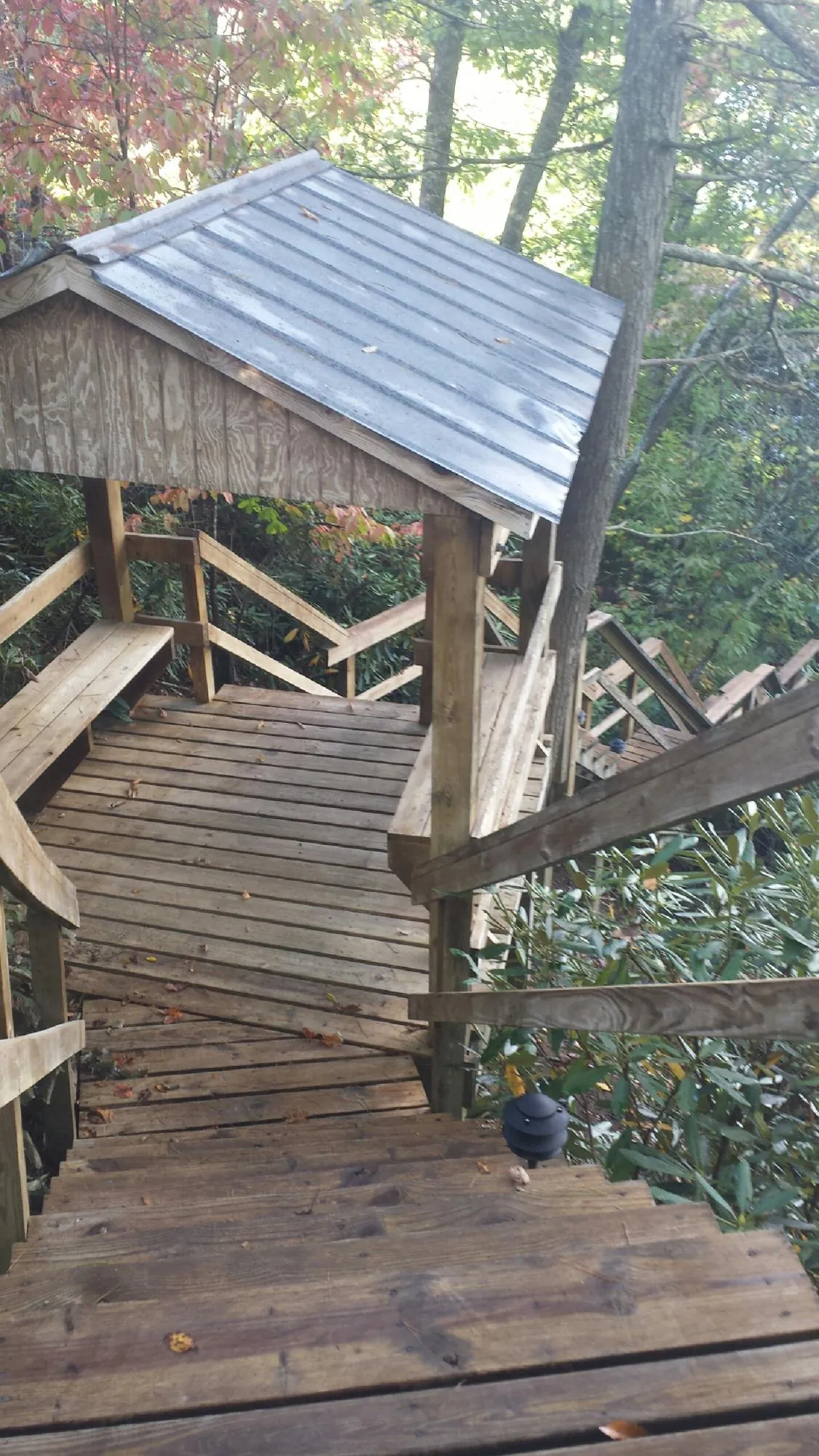 Metal roofed shelter over wooden steps on a wooded walkway — Skylight Repair & Installation work by our crew in Ball Ground